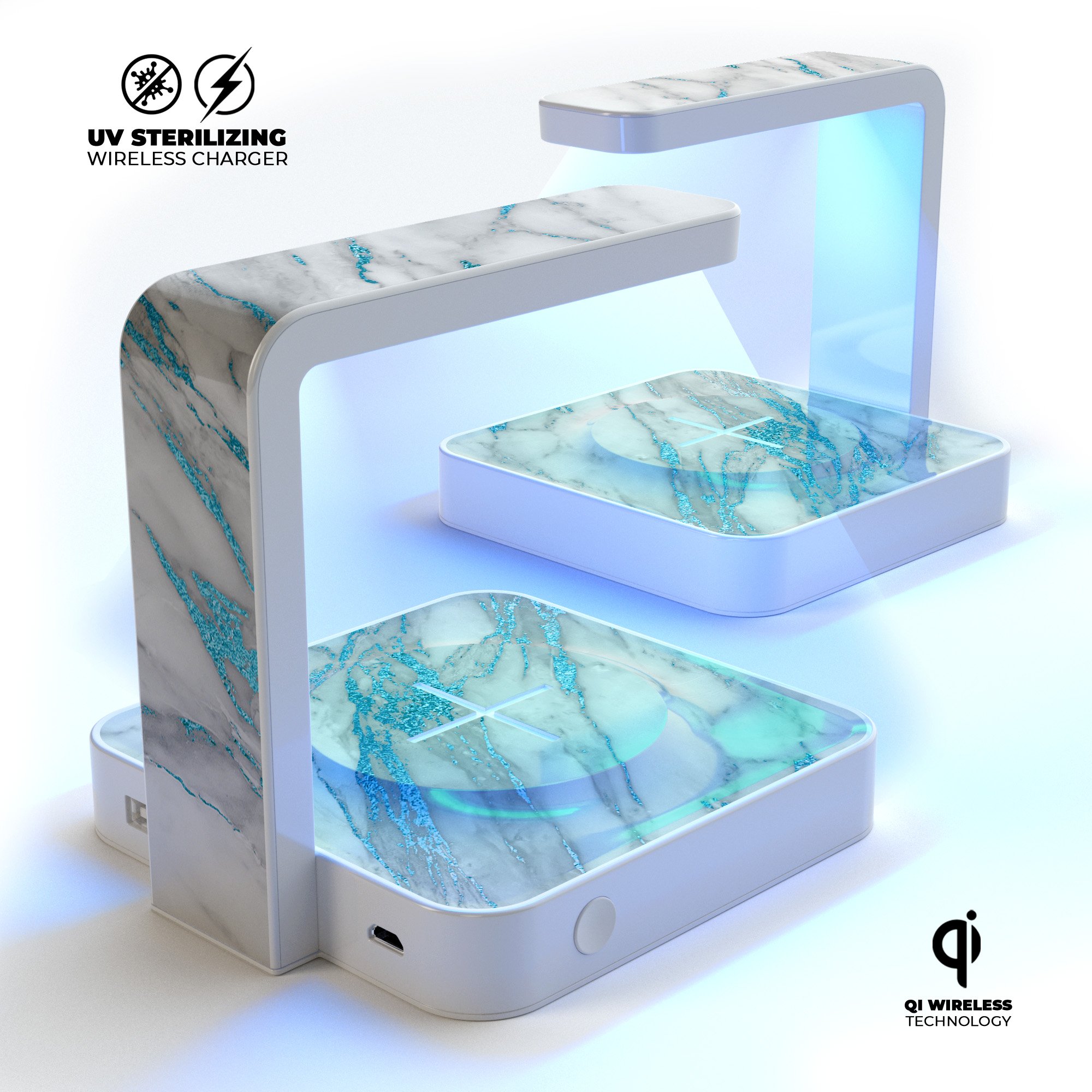 Marble & Digital Blue Frosted Foil V8 UV Germicidal Sanitizing charger with wireless charging pad and decorative skin-kit.